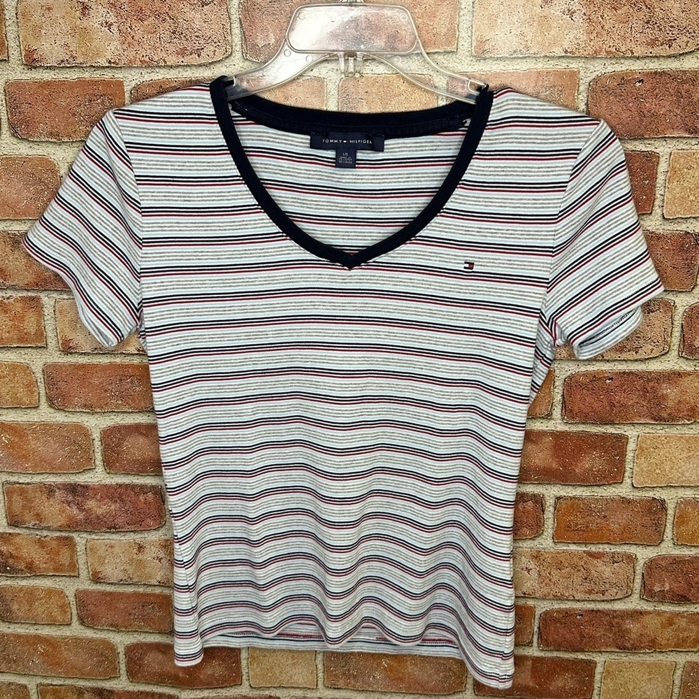 Preppy retro 90’s striped v-neck old money Tommy Hilfiger all American T sz L